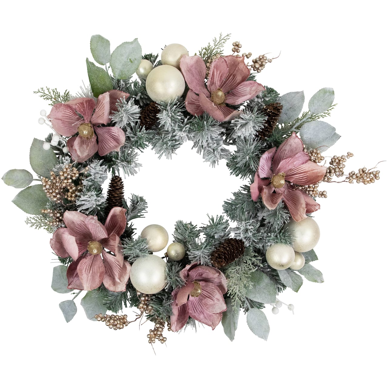 24" Artificial Christmas Decorated Floral Frosted Pine Wreath
